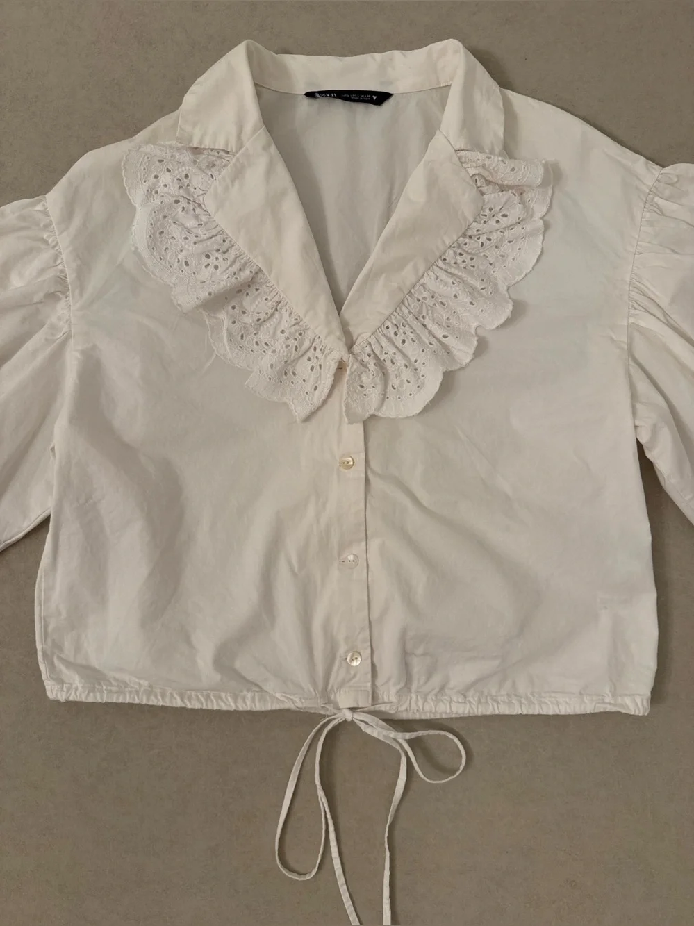 Zara White Eyelet Ruffle Collar Balloon Sleeve Boho Cropped Cotton Blouse Size L